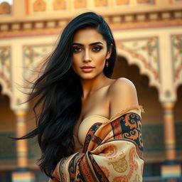 A beautiful Iraqi woman with long, flowing black hair, draped in culturally inspired fabrics, partially revealed, standing confidently in an artistic pose