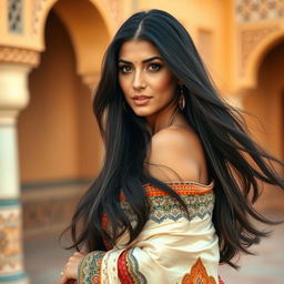 A beautiful Iraqi woman with long, flowing black hair, draped in culturally inspired fabrics, partially revealed, standing confidently in an artistic pose