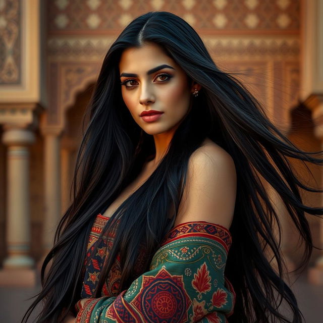 A beautiful Iraqi woman with long, flowing black hair, draped in culturally inspired fabrics, partially revealed, standing confidently in an artistic pose