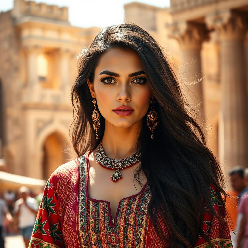 A beautiful Iraqi woman dressed in traditional attire, featuring intricate patterns and vibrant colors, set against a backdrop of ancient Mesopotamian architecture