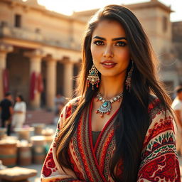 A beautiful Iraqi woman dressed in traditional attire, featuring intricate patterns and vibrant colors, set against a backdrop of ancient Mesopotamian architecture