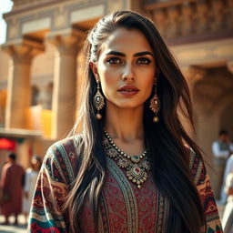 A beautiful Iraqi woman dressed in traditional attire, featuring intricate patterns and vibrant colors, set against a backdrop of ancient Mesopotamian architecture