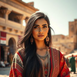 A beautiful Iraqi woman dressed in traditional attire, featuring intricate patterns and vibrant colors, set against a backdrop of ancient Mesopotamian architecture