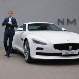 A realistic depiction of a human standing next to a sleek, modern car, both inscribed with the initials 'NME'.