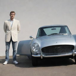 A realistic depiction of a human standing next to a sleek, modern car, both inscribed with the initials 'NME'.