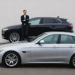 A realistic depiction of a human standing next to a sleek, modern car, both inscribed with the initials 'NME'.