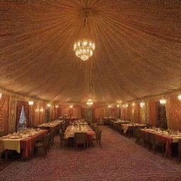 Inside an Arab tent during Saudi Founding Day, an atmosphere of exhilarating celebration is vibrantly alive. The air is rich with the scent of traditional foods and the bright patterns of Arabian tapestries. The tent buzzes with laughter, music, and lively conversations.