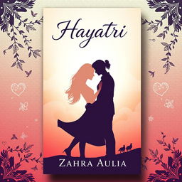 A mesmerizing and aesthetic book cover design for a novel titled 'Hayatri', featuring an illustration of a man gently embracing the shadow of a woman he loves