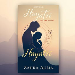 A mesmerizing and aesthetic book cover design for a novel titled 'Hayatri', featuring an illustration of a man gently embracing the shadow of a woman he loves