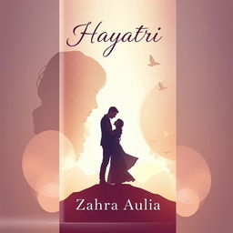 A mesmerizing and aesthetic book cover design for a novel titled 'Hayatri', featuring an illustration of a man gently embracing the shadow of a woman he loves