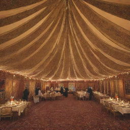 Inside an Arab tent during Saudi Founding Day, an atmosphere of exhilarating celebration is vibrantly alive. The air is rich with the scent of traditional foods and the bright patterns of Arabian tapestries. The tent buzzes with laughter, music, and lively conversations.