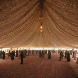 Inside an Arab tent during Saudi Founding Day, an atmosphere of exhilarating celebration is vibrantly alive. The air is rich with the scent of traditional foods and the bright patterns of Arabian tapestries. The tent buzzes with laughter, music, and lively conversations.