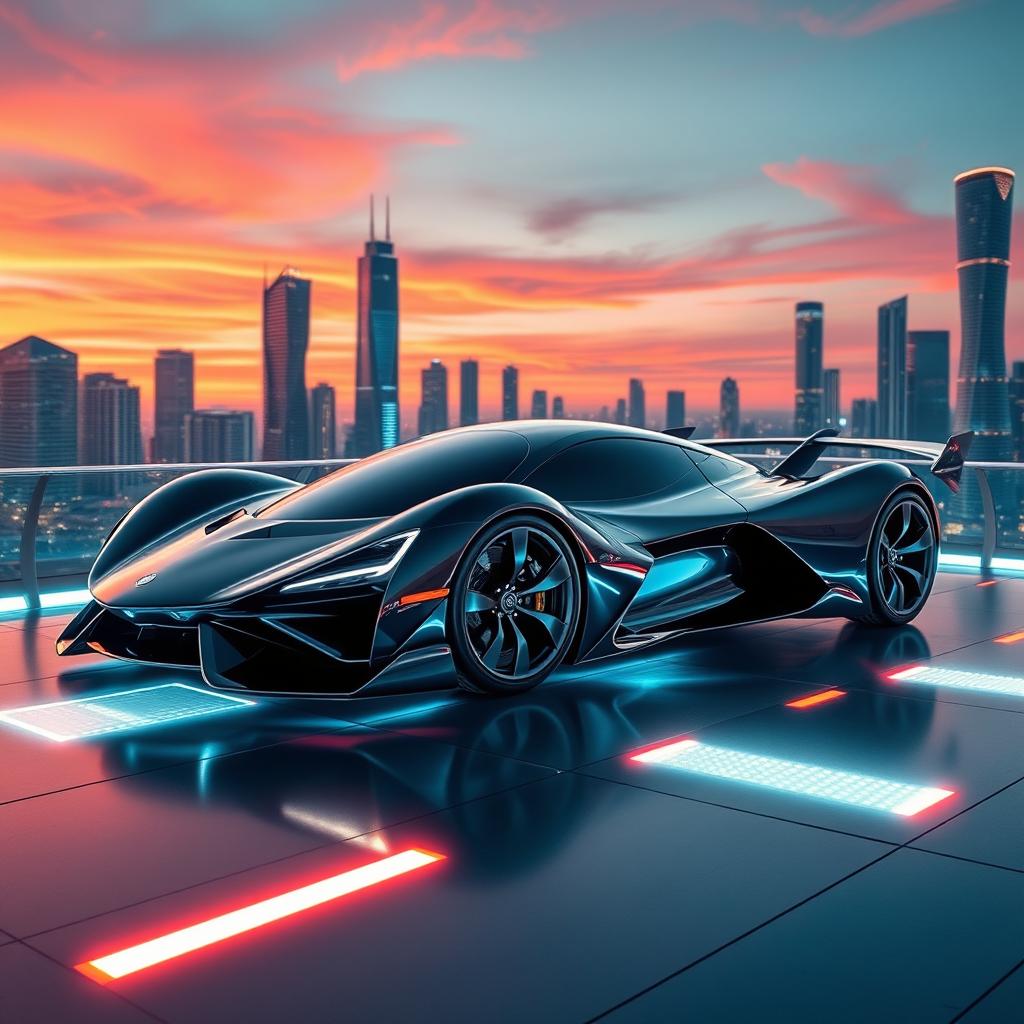 A sleek and futuristic supercar designed to resemble a jet, featuring aerodynamic lines and a glossy finish