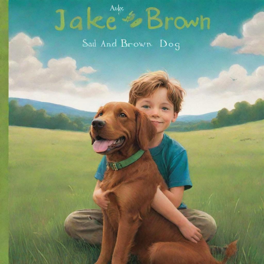 A cover of a storybook titled 'Jake and the Brown Dog' featuring a young adventurous boy named Jake, huddled lovingly with a brown dog on a lush green meadow under a bright sky.