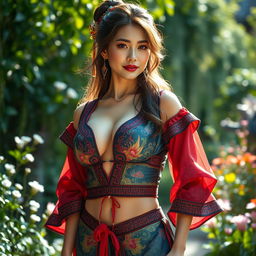 A stunning woman with large breasts, dressed in an elegant and revealing outfit inspired by Wufu style, which incorporates intricate patterns and vibrant colors