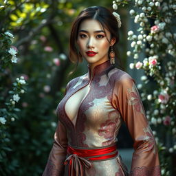 A stunning woman with large breasts, dressed in an elegant and revealing outfit inspired by Wufu style, which incorporates intricate patterns and vibrant colors