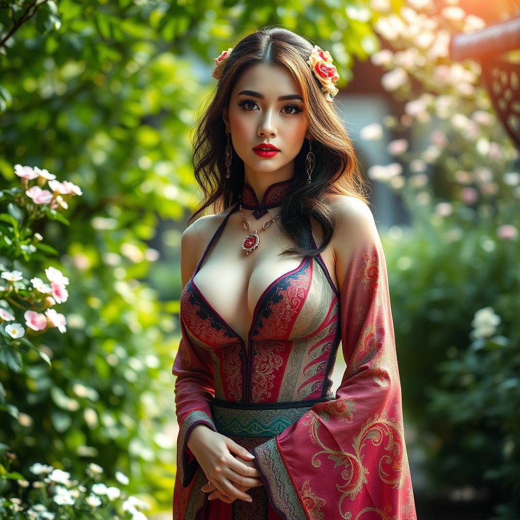 A stunning woman with large breasts, dressed in an elegant and revealing outfit inspired by Wufu style, which incorporates intricate patterns and vibrant colors