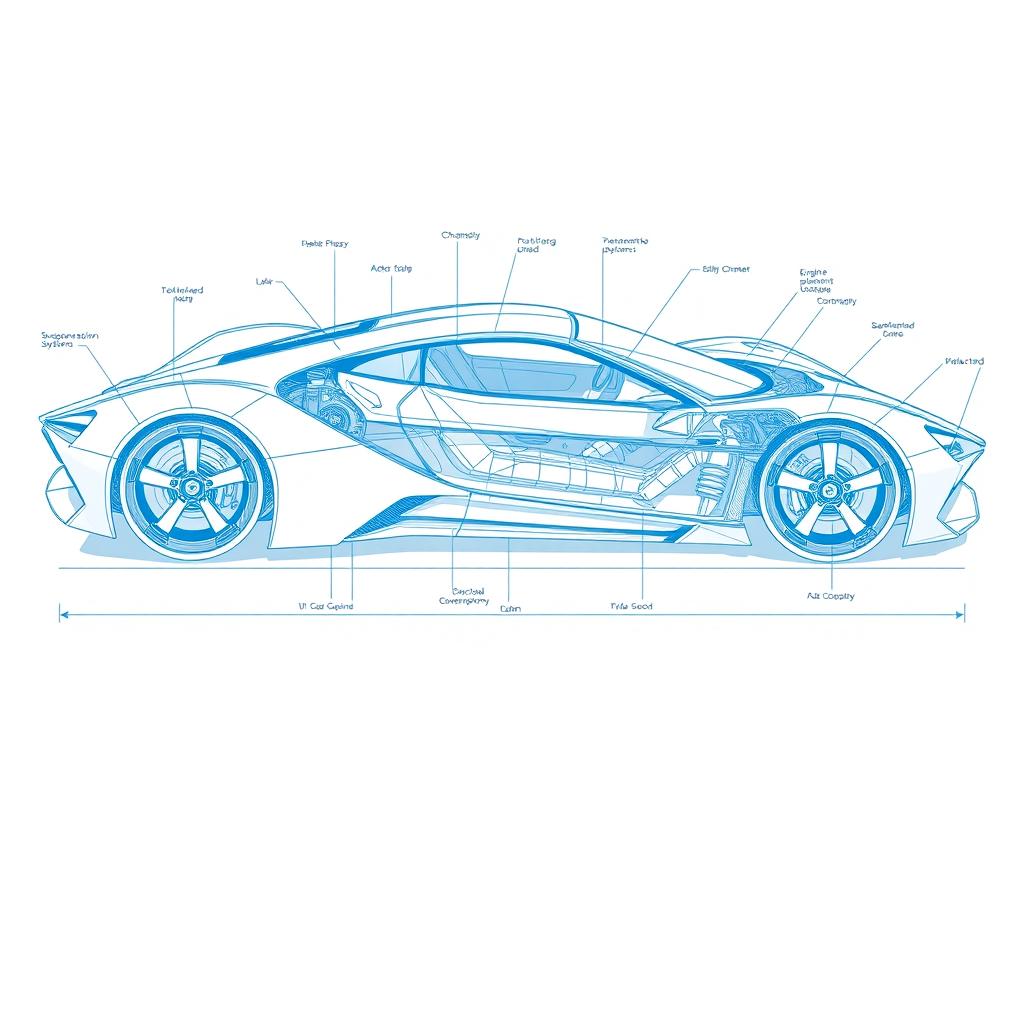 A detailed and intricate blueprint of a futuristic supercar, showcasing advanced engineering and design elements