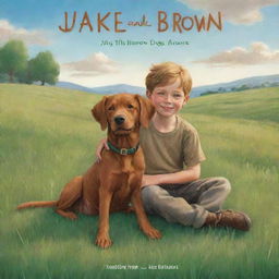 A cover of a storybook titled 'Jake and the Brown Dog' featuring a young adventurous boy named Jake, huddled lovingly with a brown dog on a lush green meadow under a bright sky.