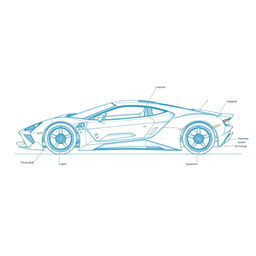 A detailed and intricate blueprint of a futuristic supercar, showcasing advanced engineering and design elements