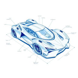 A detailed and intricate blueprint of a futuristic supercar, showcasing advanced engineering and design elements