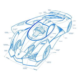 A detailed and intricate blueprint of a futuristic supercar, showcasing advanced engineering and design elements