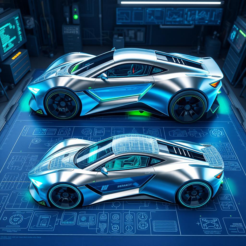 A set of highly detailed, futuristic blueprints for an advanced car design