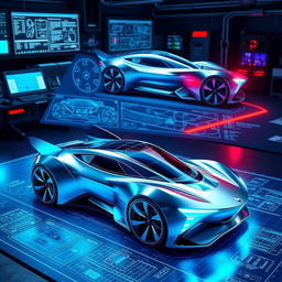 A set of highly detailed, futuristic blueprints for an advanced car design