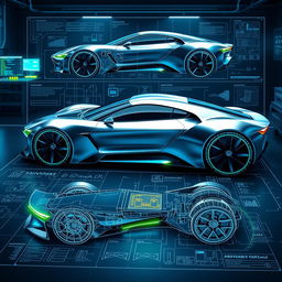 A set of highly detailed, futuristic blueprints for an advanced car design