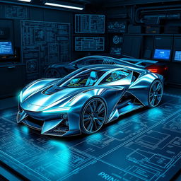 A set of highly detailed, futuristic blueprints for an advanced car design