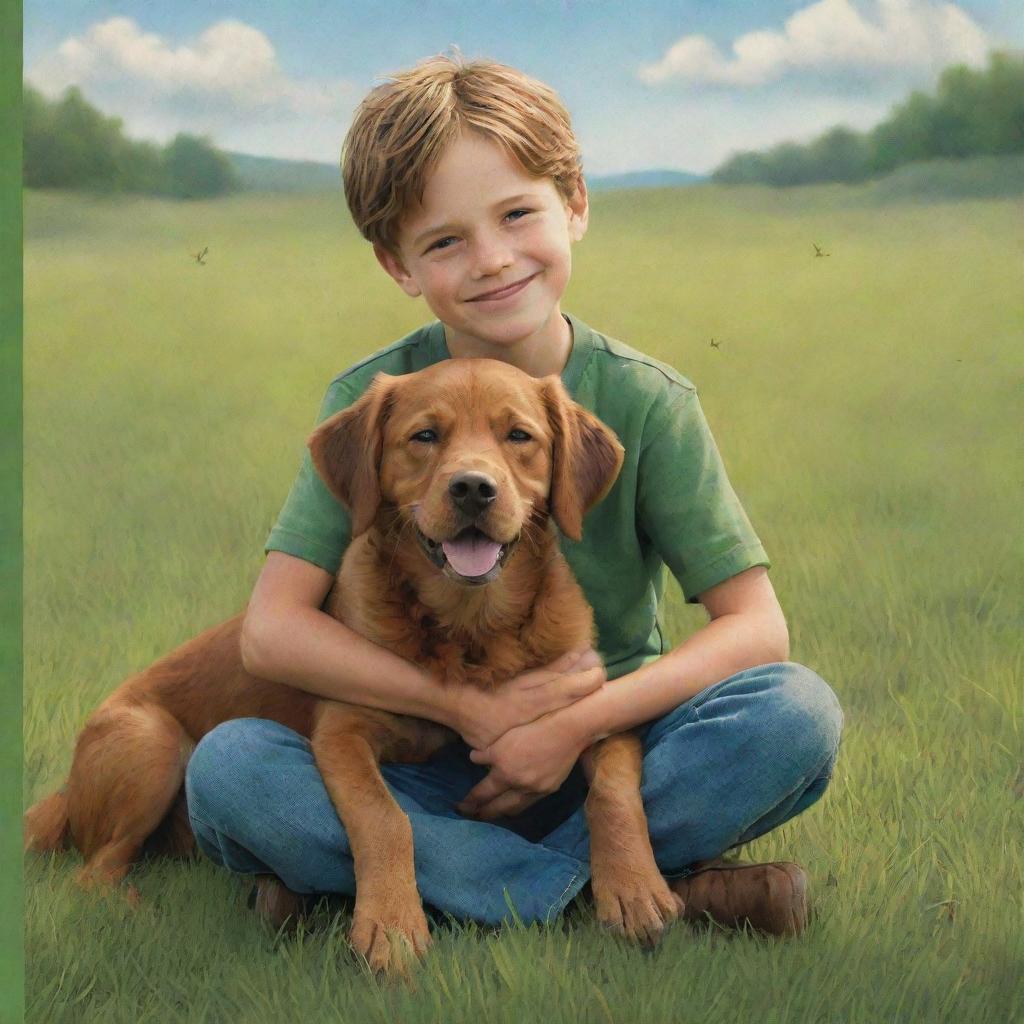 A cover of a storybook titled 'Jake and the Brown Dog' featuring a young adventurous boy named Jake, huddled lovingly with a brown dog on a lush green meadow under a bright sky.