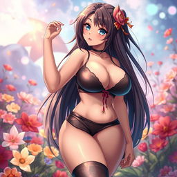 A beautiful and voluptuous anime girl with large breasts, wearing a seductive outfit