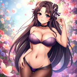 A beautiful and voluptuous anime girl with large breasts, wearing a seductive outfit