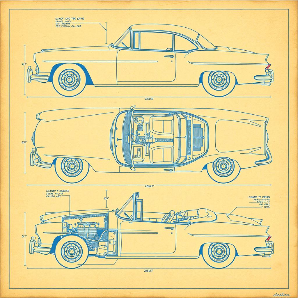 A collection of detailed blueprints for a classic car design