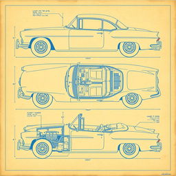 A collection of detailed blueprints for a classic car design