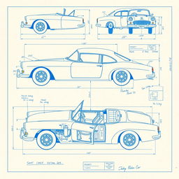 A collection of detailed blueprints for a classic car design