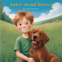 A cover of a storybook titled 'Jake and the Brown Dog' featuring a young adventurous boy named Jake, huddled lovingly with a brown dog on a lush green meadow under a bright sky.