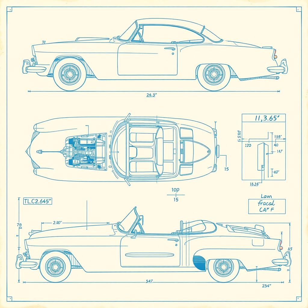 A collection of detailed blueprints for a classic car design