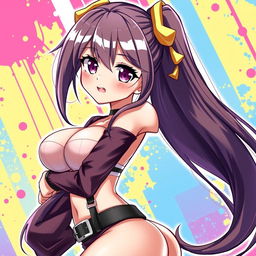An attractive anime-style girl with large breasts, featuring long flowing hair and strikingly vibrant eyes