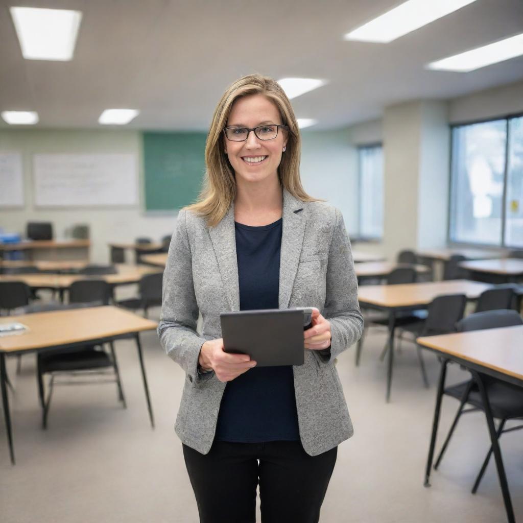 Digitally savvy, 21st-century teacher with modern clothes holding a tablet, surrounded by innovative educational tools, in a high-tech classroom setting.