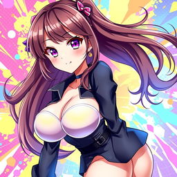 An attractive anime-style girl with large breasts, featuring long flowing hair and strikingly vibrant eyes