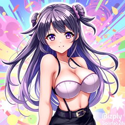 An attractive anime-style girl with large breasts, featuring long flowing hair and strikingly vibrant eyes