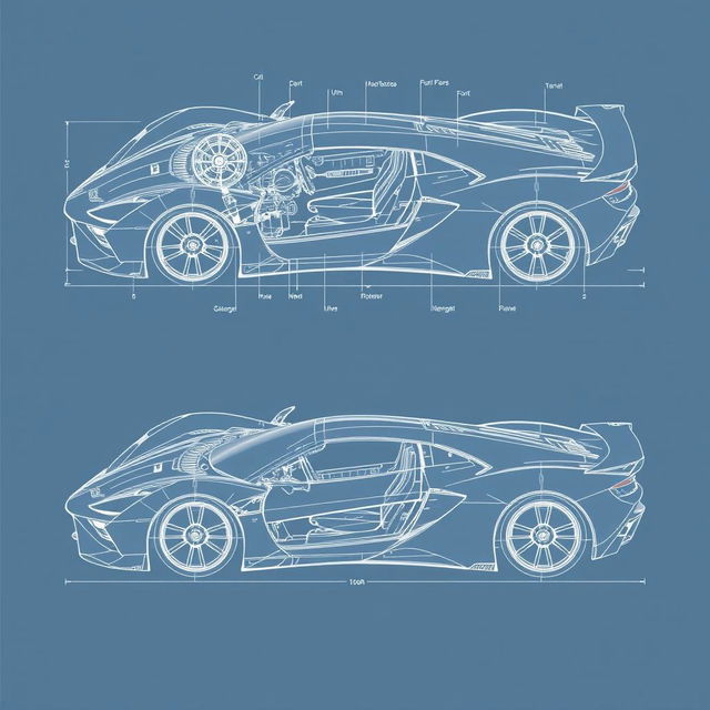 Detailed blueprints of a modern sportscar, showcasing technical specifications and intricate designs, including labeled components such as engine, suspension, and chassis