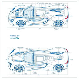 Detailed blueprints of a modern sportscar, showcasing technical specifications and intricate designs, including labeled components such as engine, suspension, and chassis