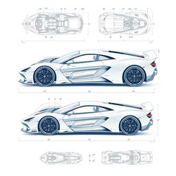 Detailed blueprints of a modern sportscar, showcasing technical specifications and intricate designs, including labeled components such as engine, suspension, and chassis