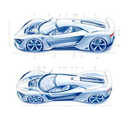 Detailed blueprints of a modern sportscar, showcasing technical specifications and intricate designs, including labeled components such as engine, suspension, and chassis