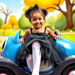 A young girl with a vibrant, playful spirit, wearing a black tutu and white pantyhose, seated in a colorful cartoon-style car