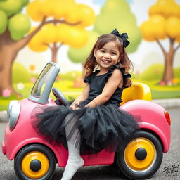 A young girl with a vibrant, playful spirit, wearing a black tutu and white pantyhose, seated in a colorful cartoon-style car