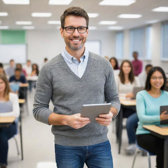 Digitally savvy, 21st-century teacher with modern clothes holding a tablet, surrounded by innovative educational tools, in a high-tech classroom setting.