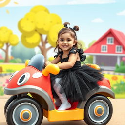 A young girl with a vibrant, playful spirit, wearing a black tutu and white pantyhose, seated in a colorful cartoon-style car